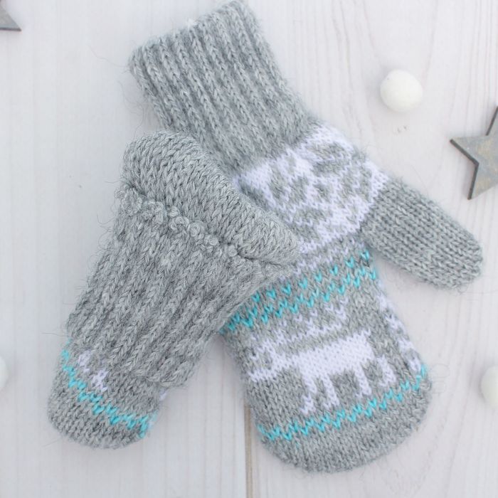 Варежки двойные детские "Северное сияние", размер 11, цвет серый меланж/голубой/белый 2с229_М 2023