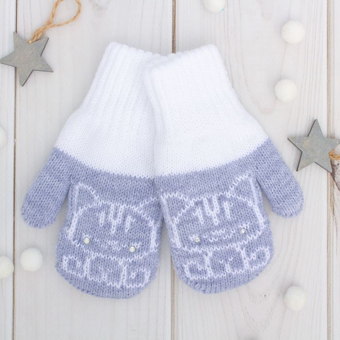 Варежки двойные детские "Мяу", размер 12, цвет серо-голубой меланж/белый 2с229_М