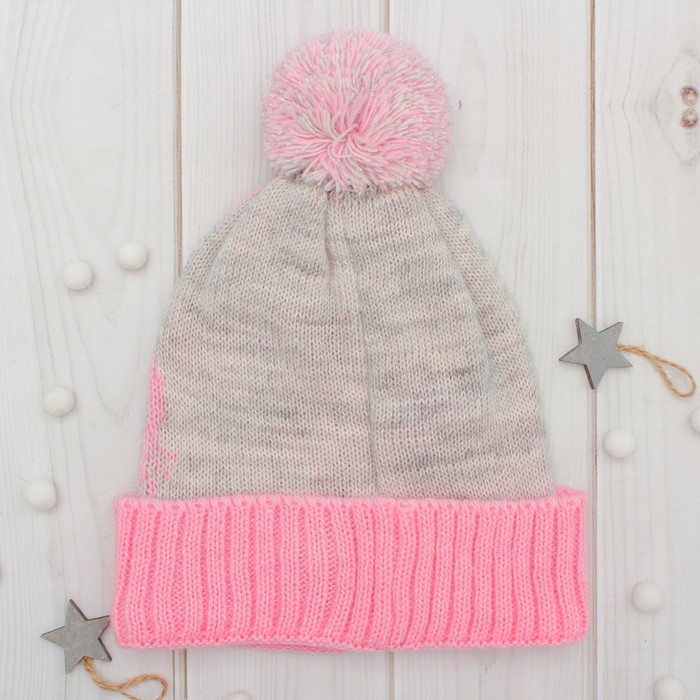 Шапка двухслойная детская "Зайка", размер 50-52, цвет светло-серый меланж/розовый кс116