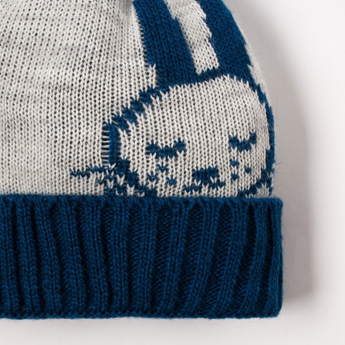 Шапка двухслойная детская "Зайка", размер 52, цвет светло-серый меланж/синий кс116