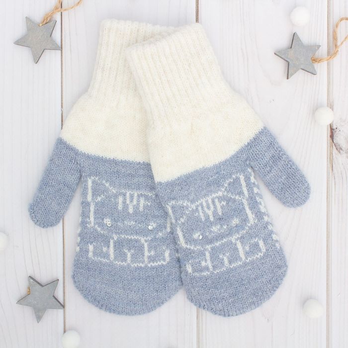 Варежки двойные для девочки "Мяу", размер 16, цвет серый меланж/белый 2с229