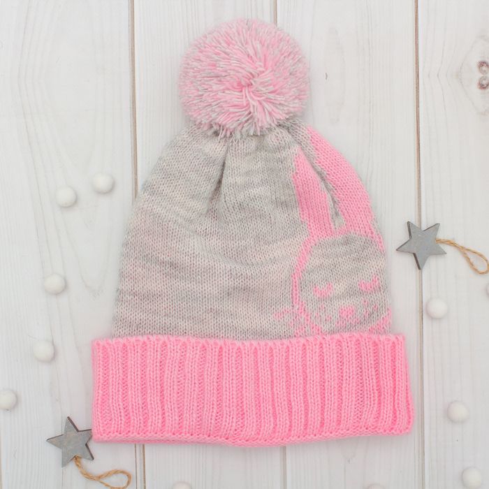 Шапка двойная для девочки "Зайка моя", размер 54-56, цвет светло-серый меланж/розовый кс116 202313
