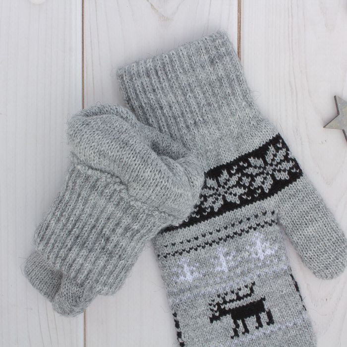 Варежки двойные для мальчика "Северное сияние", размер 14, цвет серый меланж/чёрный/белый 2с229 20