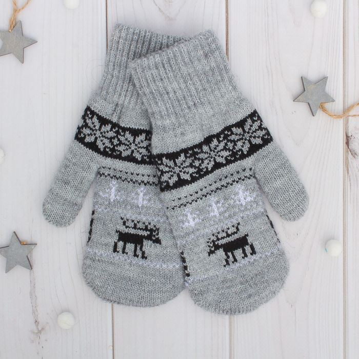 Варежки двойные для мальчика "Северное сияние", размер 17, цвет серый меланж/чёрный/белый 2с229 20