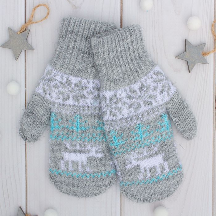 Варежки двойные для мальчика "Северное сияние", размер 17, цвет серый меланж/голубой/белый 2с229 2