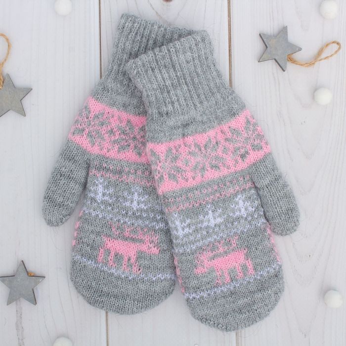 Варежки двойные для мальчика "Северное сияние", размер 16, цвет серый меланж/розовый/белый 2с229 2