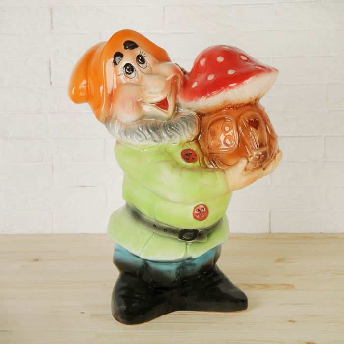 Садовая фигура "Гном с грибом" большой, глазурь