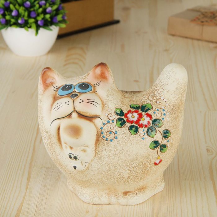 Копилка "Кот с мышкой" шамот, коричневый