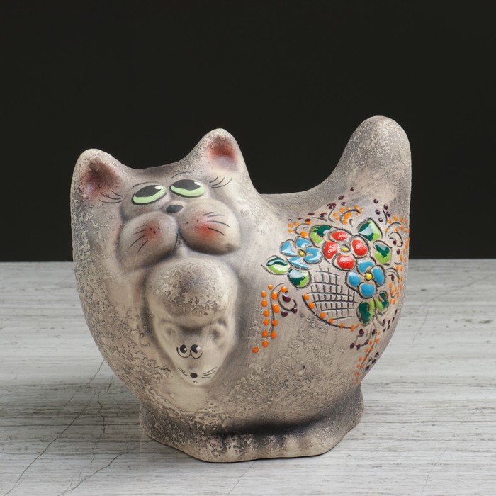 Копилка "Кот с мышкой" шамот, чёрный