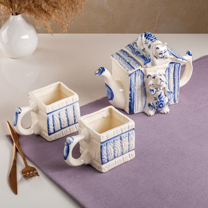 фото Чайный набор "будка", роспись, 3 предмета: чайник 0.85 л, кружки 0.3 л керамика ручной работы
