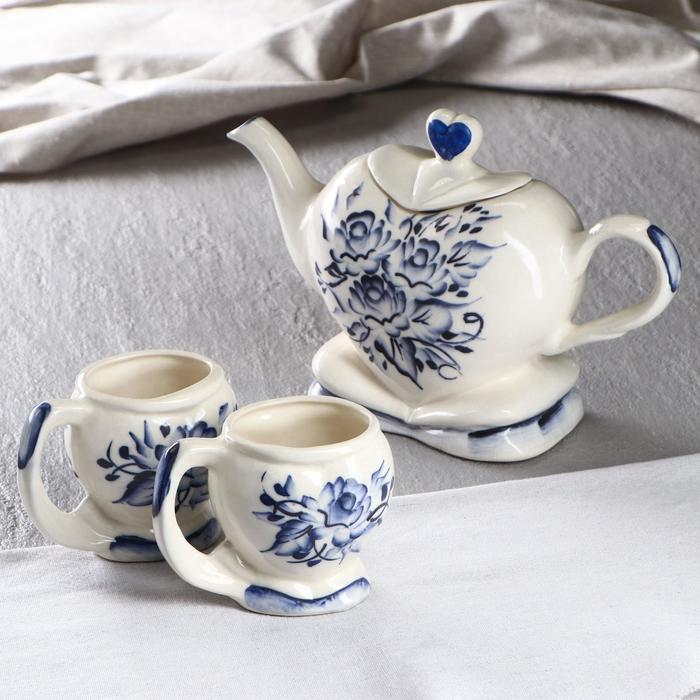 Набор чайный "Сердце", чайник, 2 кружки, гжель