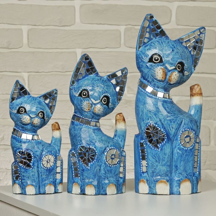 Сувенир дерево "Кошки с зеркальными вставками" индиго набор 3 шт h=25, 30, 40 см