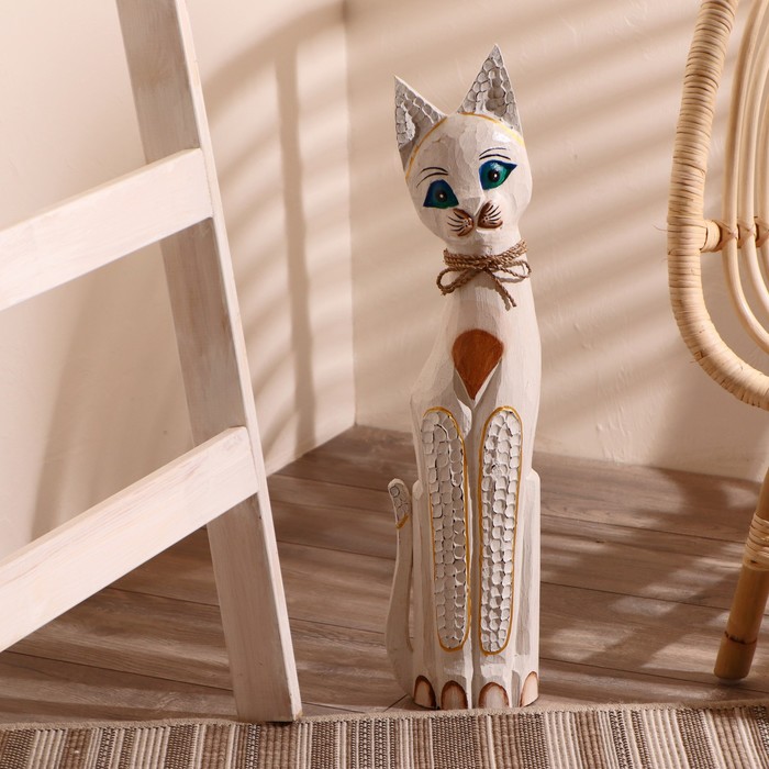 Сувенир дерево "Кошка белая с бантом" 60х13х5 см