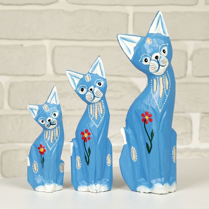 Сувенир дерево "Кошки синие в цветочках" набор 3 шт h=15, 20, 25 см