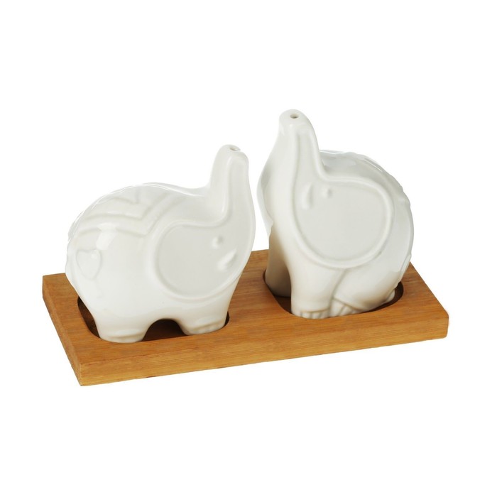 Набор для специй "Эстет. Слоны", 2 шт: солонка, перечница, на деревянной подставке