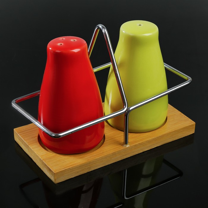 Набор для специй "Акцент", 2 шт: солонка, перечница, на деревянной подставке, цвета МИКС