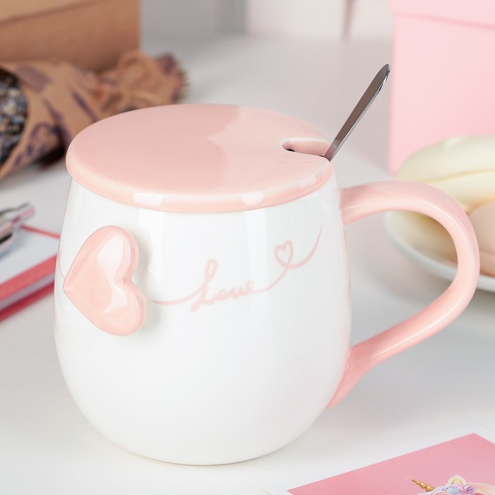Кружка 400 мл "Биение сердца", с керамической крышкой и ложкой, цвета МИКС