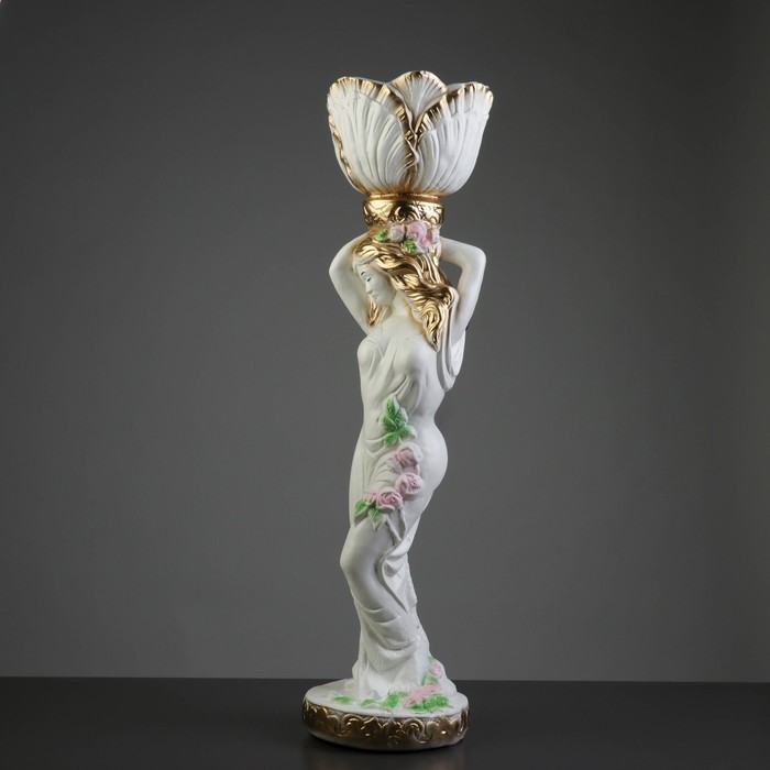 Фигурное кашпо "Девушка с цветком на голове", цвет бело-золотой микс 80см