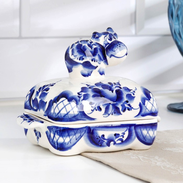 Масленка "Бурёнка", с ручками, гжель, кобальт