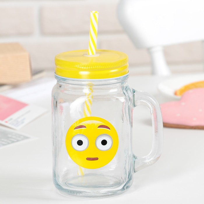 Банка 450 мл "Смайл", с ручкой, крышкой и трубочкой, цвета МИКС