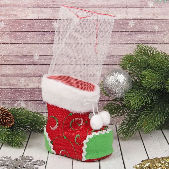 Подарочная упаковка "Сапожок" узоры и бантик на опушке