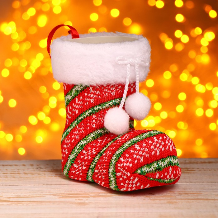 Подарочная упаковка "Сапожок" вязаный, бантик с помпонами