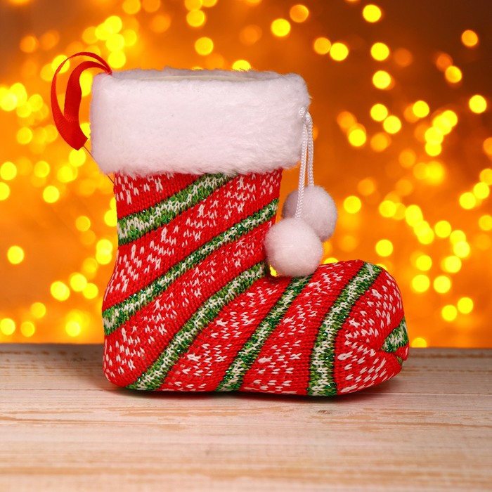 Подарочная упаковка "Сапожок" вязаный, бантик с помпонами