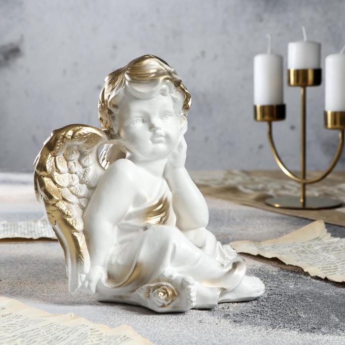 Статуэтка "Ангел думающий  с розой" белый/золото