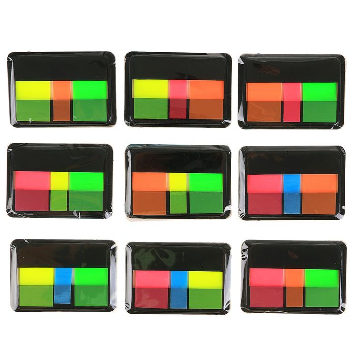 Блок-закладки с липким краем пластик 20л*3шт 45мм*20мм 3цв флюор в диспенсере МИКС