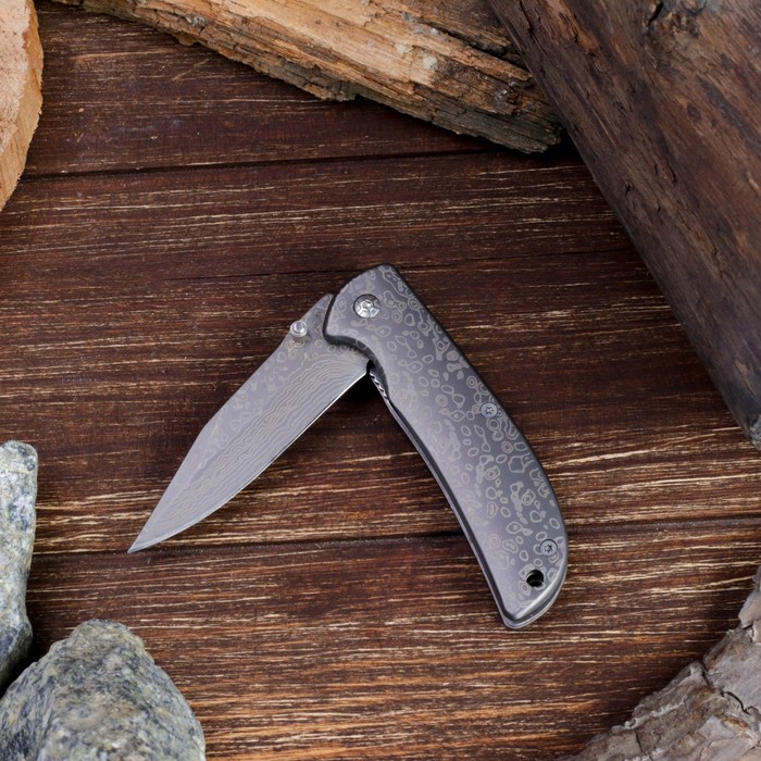 Нож складной, лезвие "drop-point" 7см, окрас дамасская сталь, без рисунка, фиксатор 8,5см