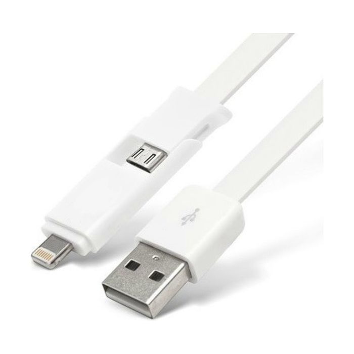 Кабель Partner (032877) 2 в 1 micro USB+Apple 8-pin, 2,1 A, плоский, белый