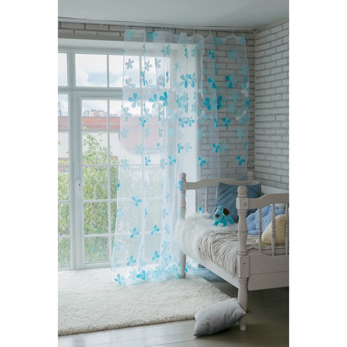 Тюль "Этель" Цветы лета (цвет голубой) без утяжелителя, ширина 250 см, высота 270 см