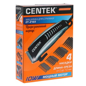 

Машинка для стрижки Centek CT-2123, 12 Вт, 4 насадки, 3/6/9/12 мм, черно-серебристая