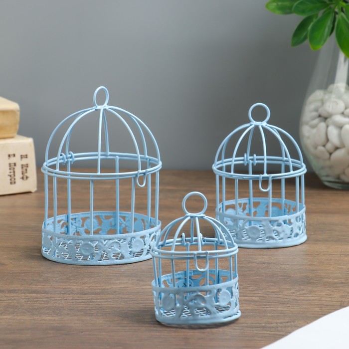 Сувенир металл "Голубая клетка" набор 3 шт 11,5х7,5х7,5 9,5х6,5х6,5 7,5х4,5х4,5 см