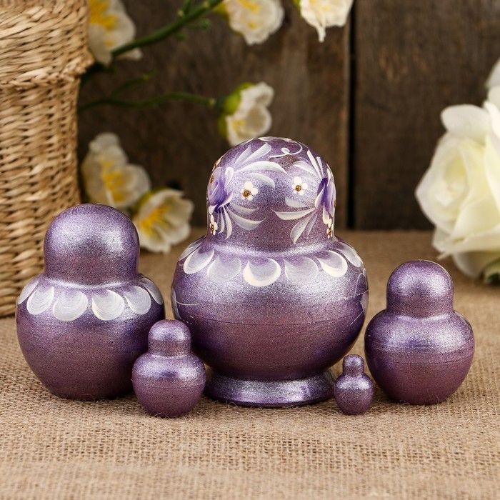 Матрёшка «Розы», фиолетово-перламутровый платок, 5 кукольная, 11,5 см