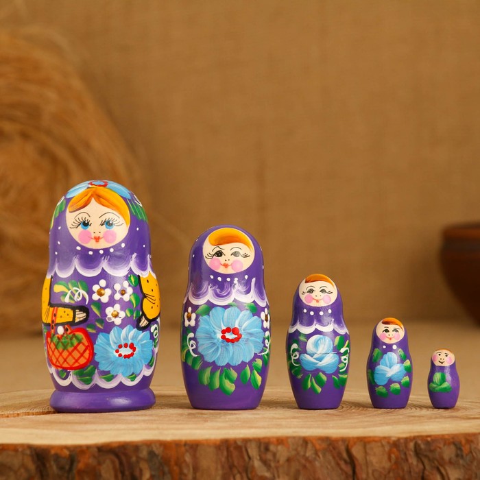 фото Матрёшка «корзинка», фиолетовый платок, 5 кукольная, 10,5 см