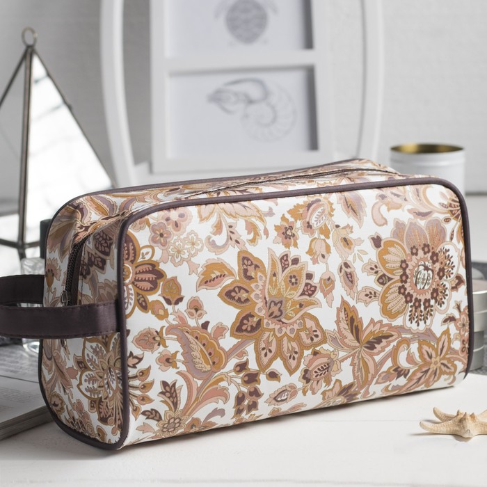 Косметичка дорожная на молнии "Цветы", 1 отдел, цвет коричневый