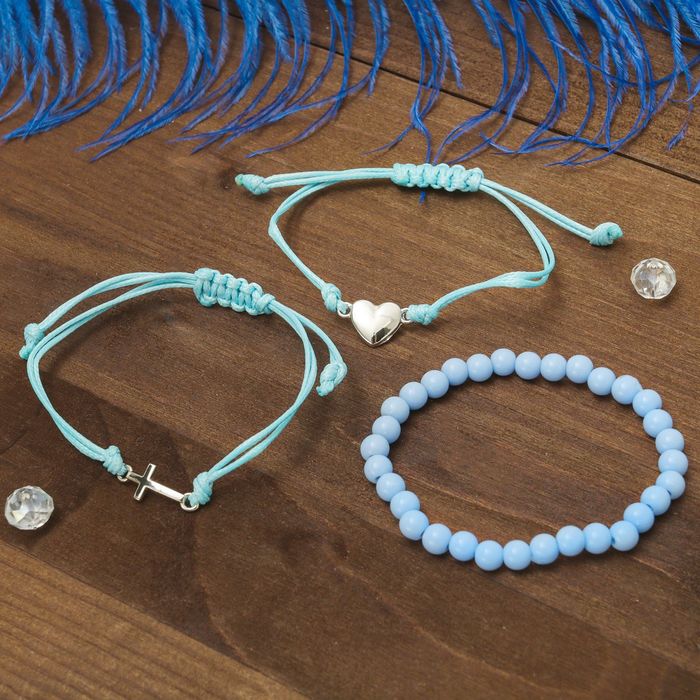 Браслеты ассорти "Настроение" сердечко с крестиком, (набор 3 штуки), цвет голубой в серебре