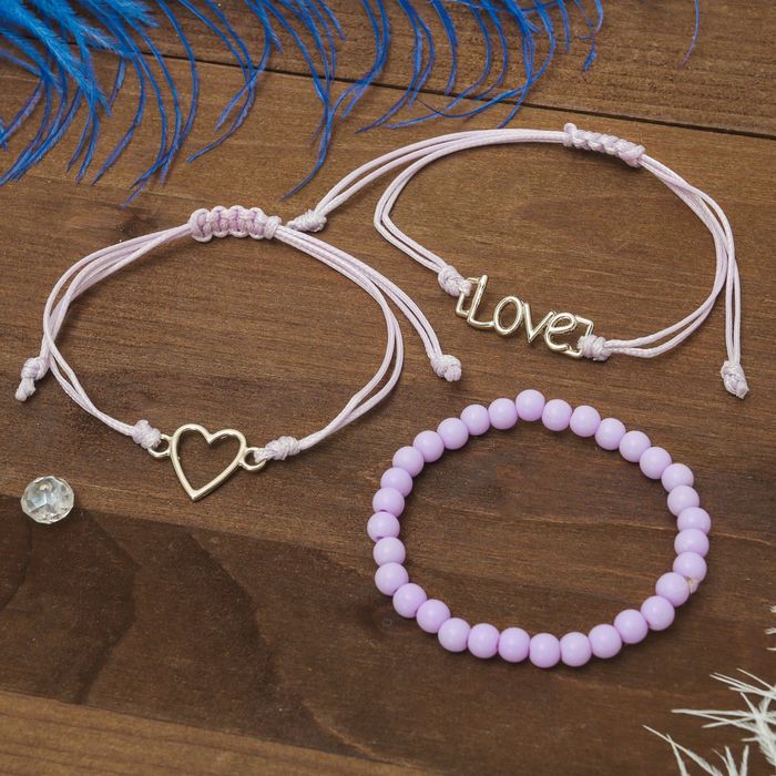 Браслеты ассорти "Настроение" сердечко и love, (набор 3 штуки), цвет сиреневый в золоте
