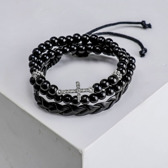 Браслеты ассорти "Настроение" крестик с косичкой, (набор 3 штуки), цвет чёрный