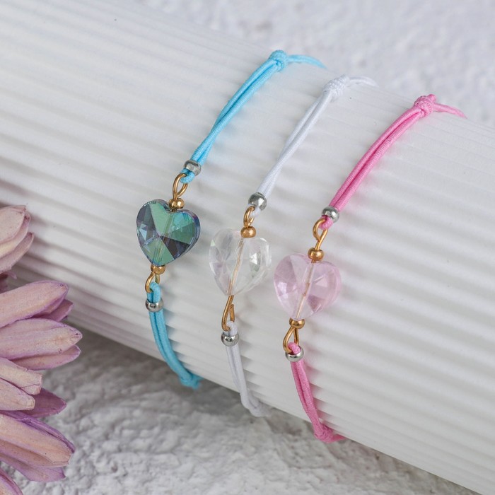 Браслеты ассорти "Настроение" сердечки хрустальные, (набор 3 штуки), цветной