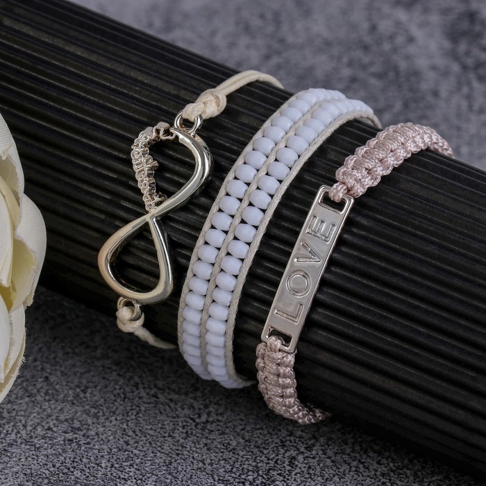 Браслеты ассорти "Настроение" бесконечная любовь, (набор 3 штуки), цвет бело-бежевый в золоте