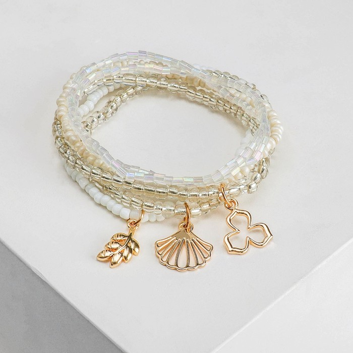 Браслет пластик "Настроение", ракушка с цветочком, (набор 6 штук), цвет радужно-белый