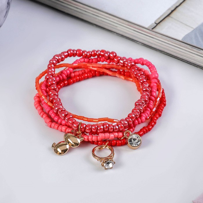 Браслет пластик "Настроение", киска с колечком, (набор 6 штук), цвет красно-розовый