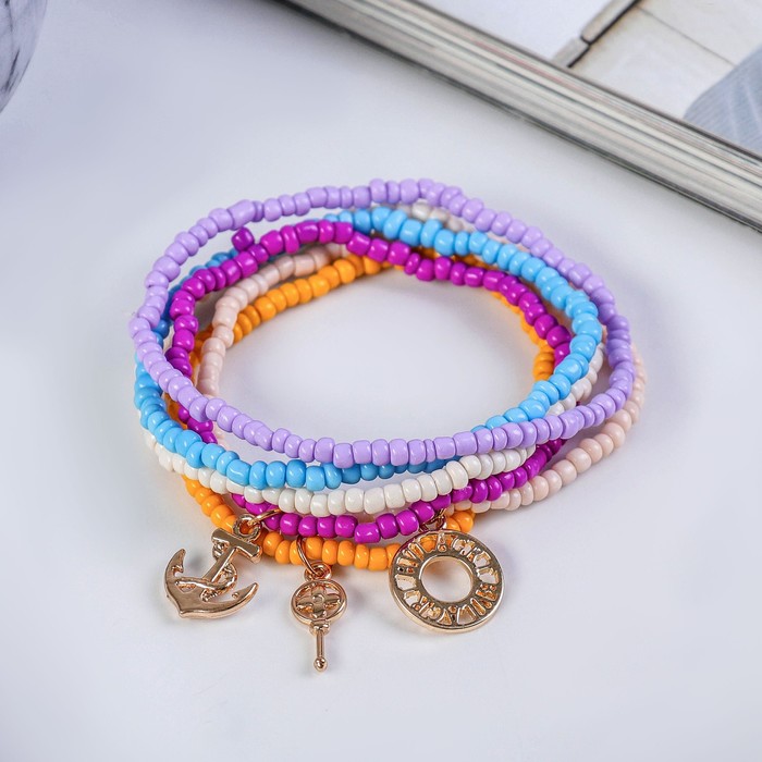 Браслет пластик "Настроение", якорь с ключиком, (набор 6 штук), цветной
