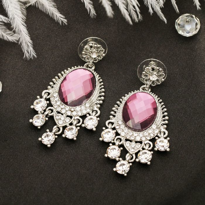 Серьги со стразами "Овал" с каплями, цвет сиреневый в серебре