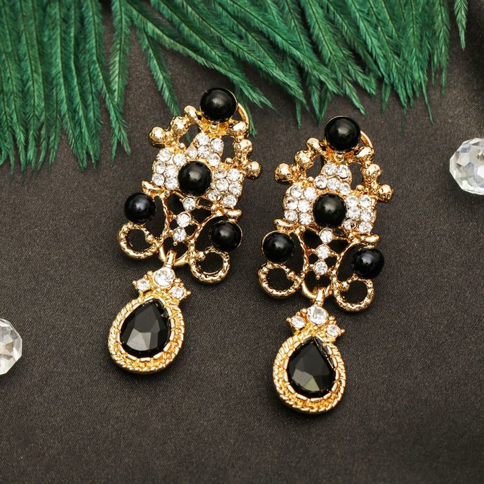 Серьги с жемчугом "Ажур" с каплей, цвет бело-чёрный в золоте