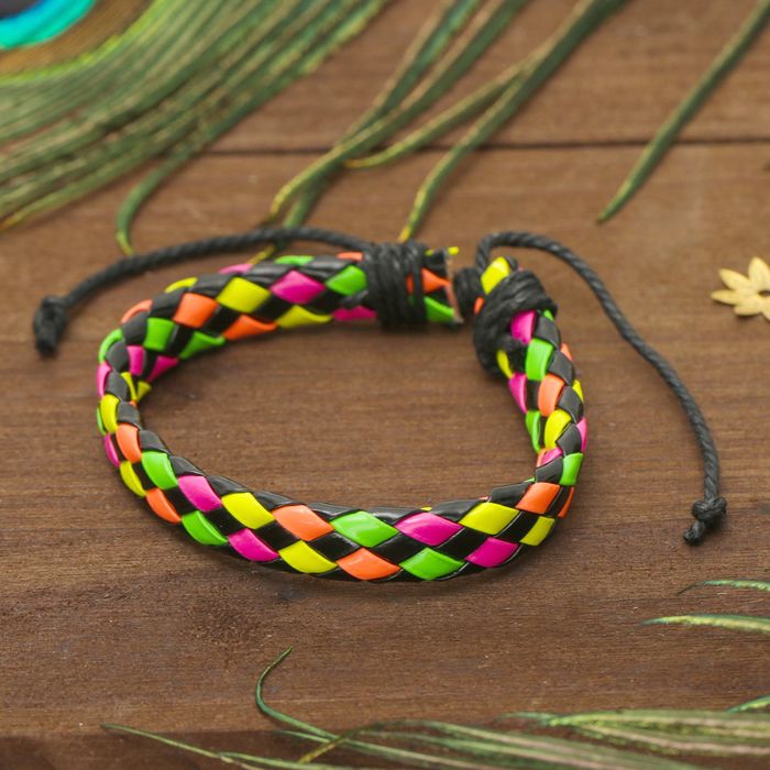 Браслет кожа "Плетение" радуга, цветной