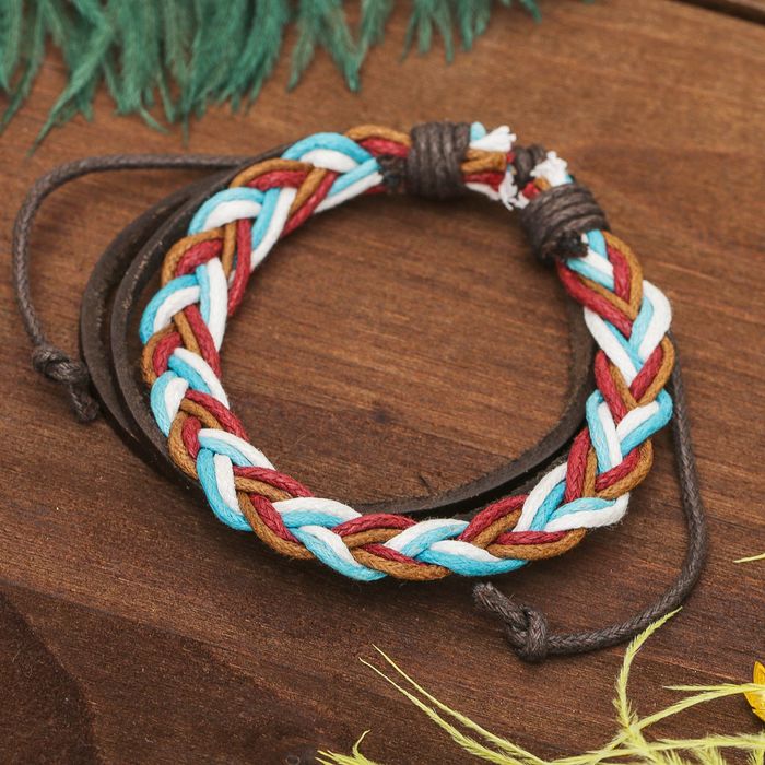 Браслет кожа "Косичка" 3 нити, цветной