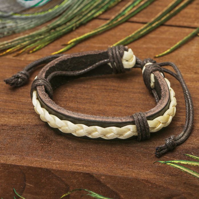 Браслет кожа "Косичка" на основании, цвет коричнево-бежевый